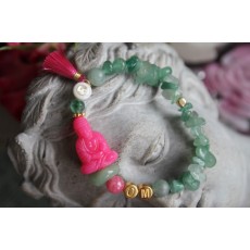 Armband grüner Aventurin, pinkfarbener Buddha + Quaste 